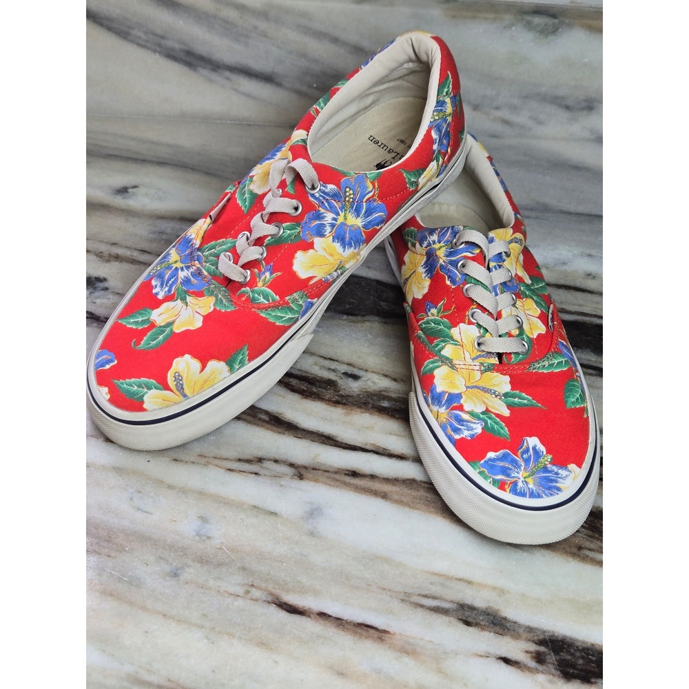 Polo Ralph Lauren Thorton Red Hibiscus Floral Canvas Sneakers Mens 9D 01087 L20
